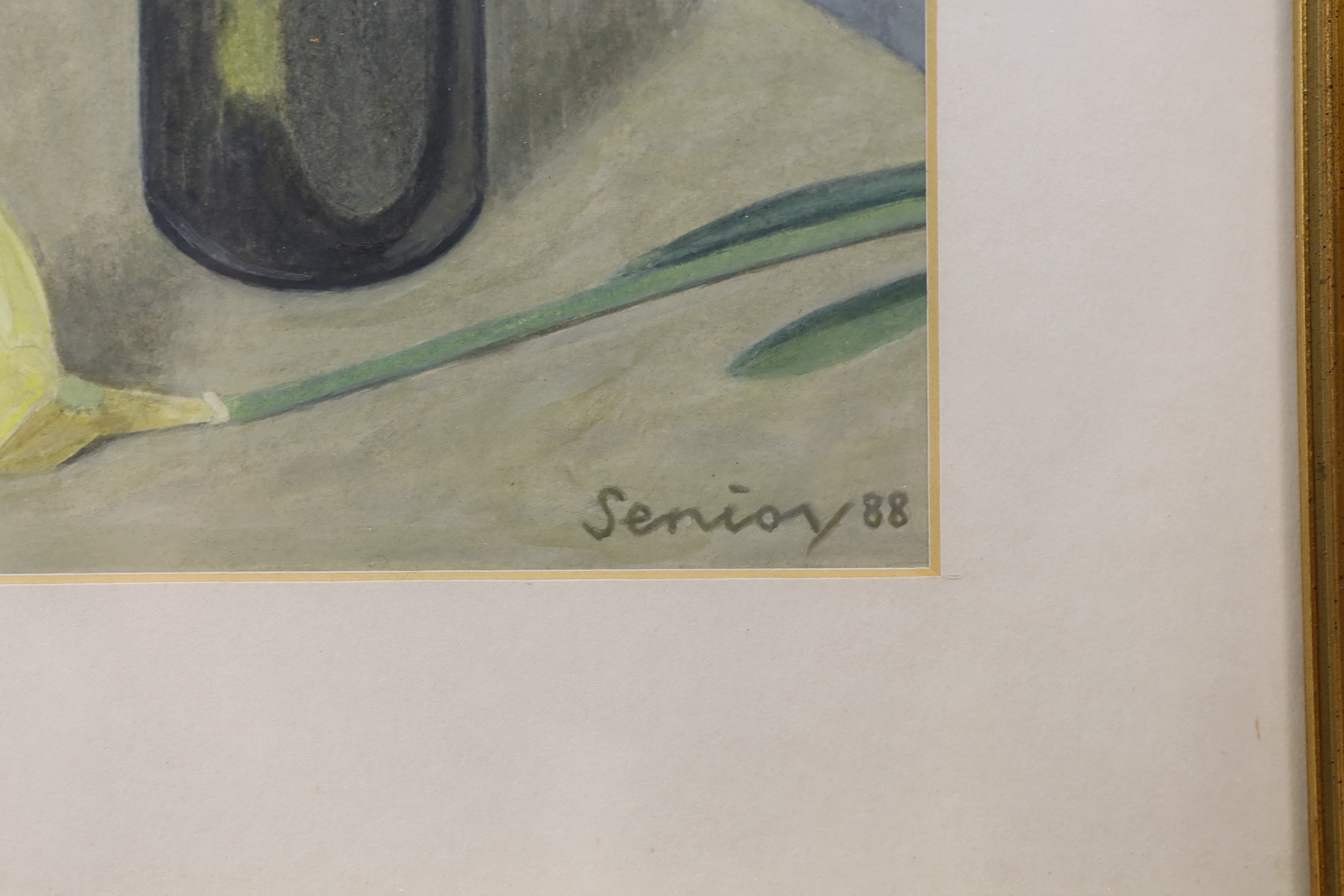 Bryan Senior (British b.1935), acrylic on paper, 'Daffodils in grey vase', signed and dated '88 43 x 16.5cm